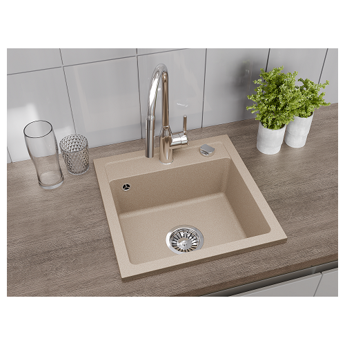 Aranżacja zlewozmywak granitowy 1 komorowy nablatowy Ela piaskowy